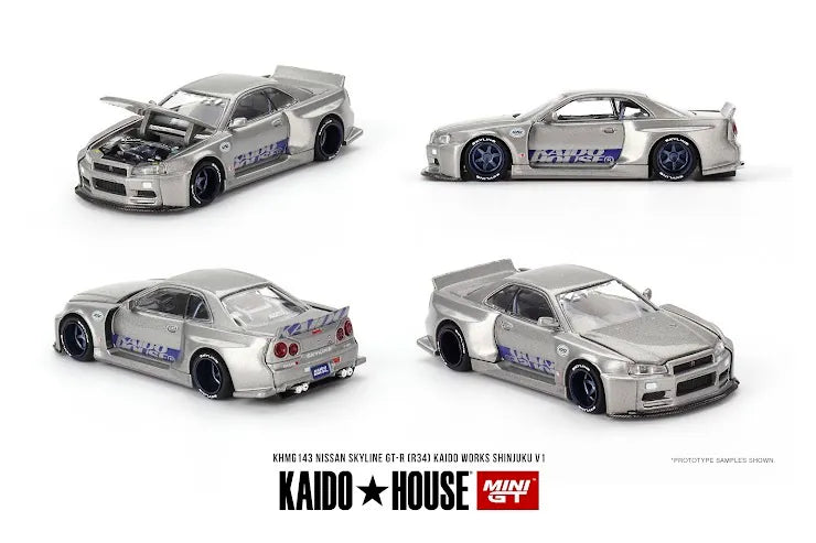 Mini GT x Kaido House #143 Nissan Skyline GT-R (R34) Kaido Works SHINJUKU V1