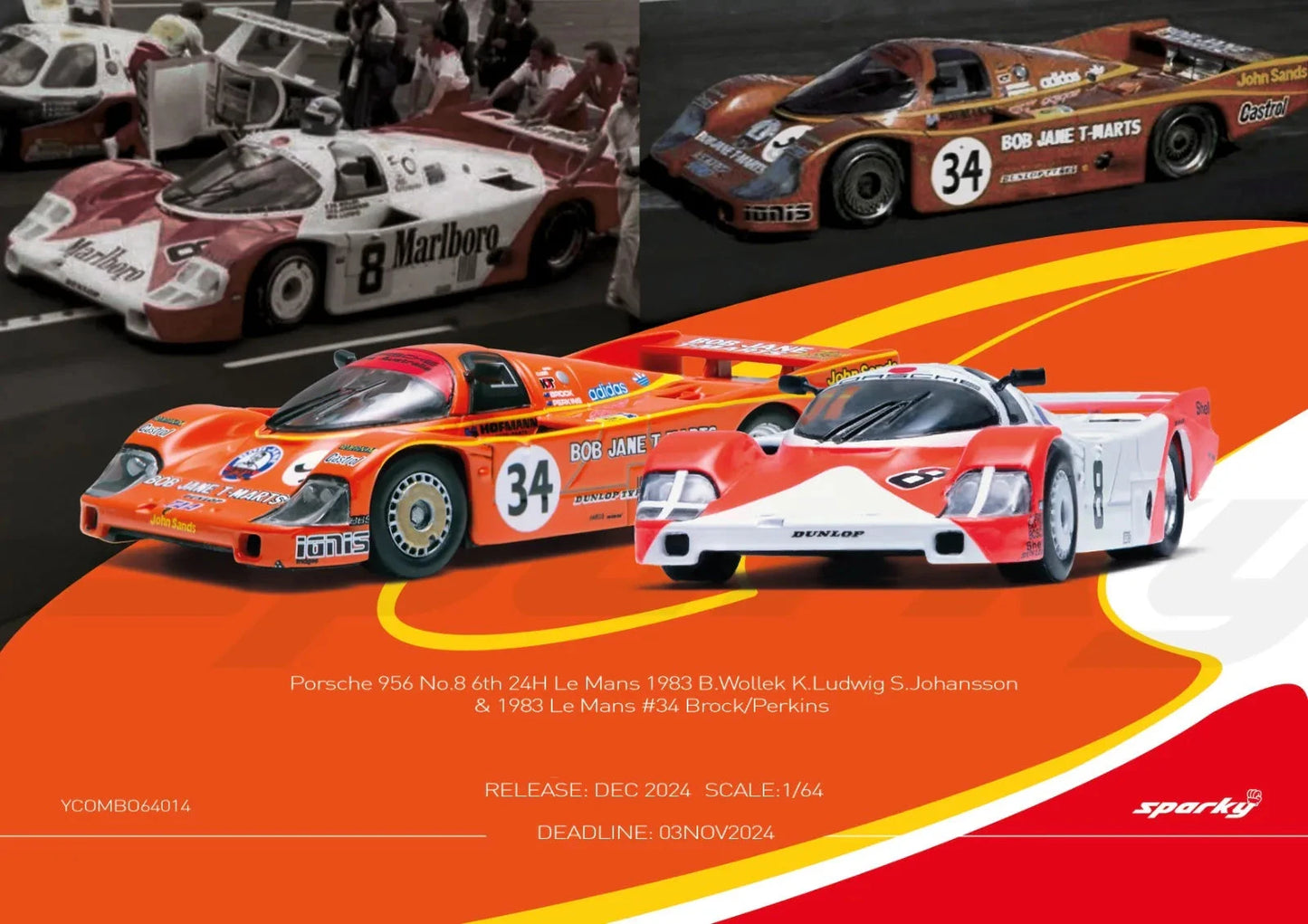 Sparky x TinySparky 1/64 Porsche 956 No.8 6th 24H Le Mans 1983 B.Wollek K.Ludwig S.Johansson & 1983 Le Mans #34 Brock/Perkins Combo Set (Tiny Exclusive)