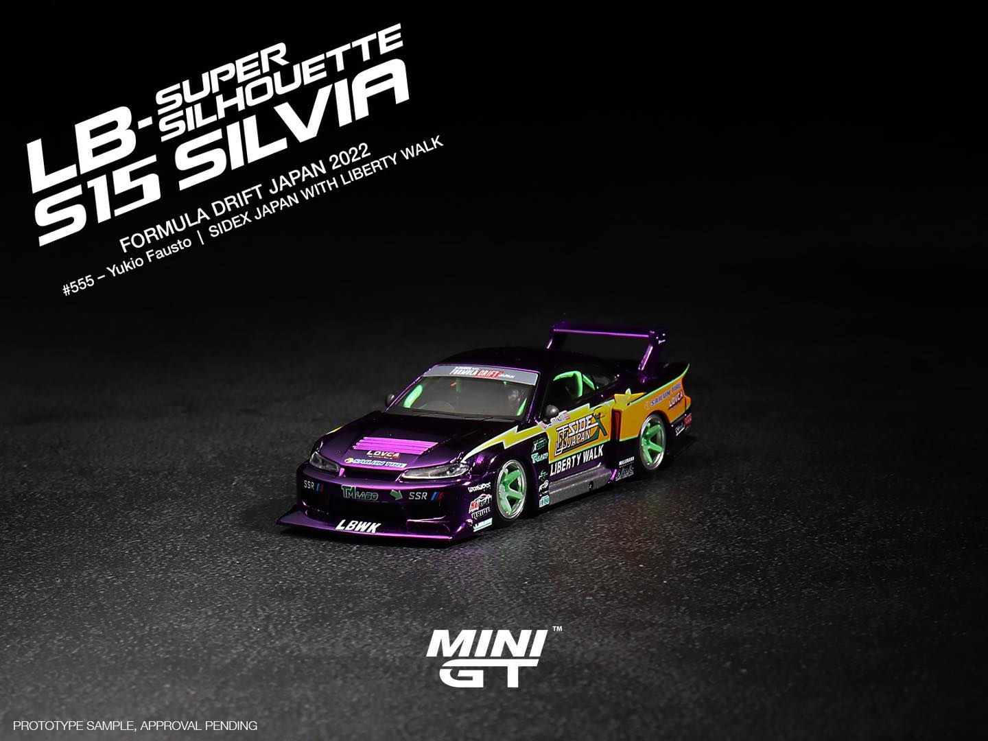 Mini GT #576 LB-Super Silhouette S15 Silvia Formula Drift Japan 2022 #555 Yukio Fausto | SIDEX JAPAN with Liberty Walk