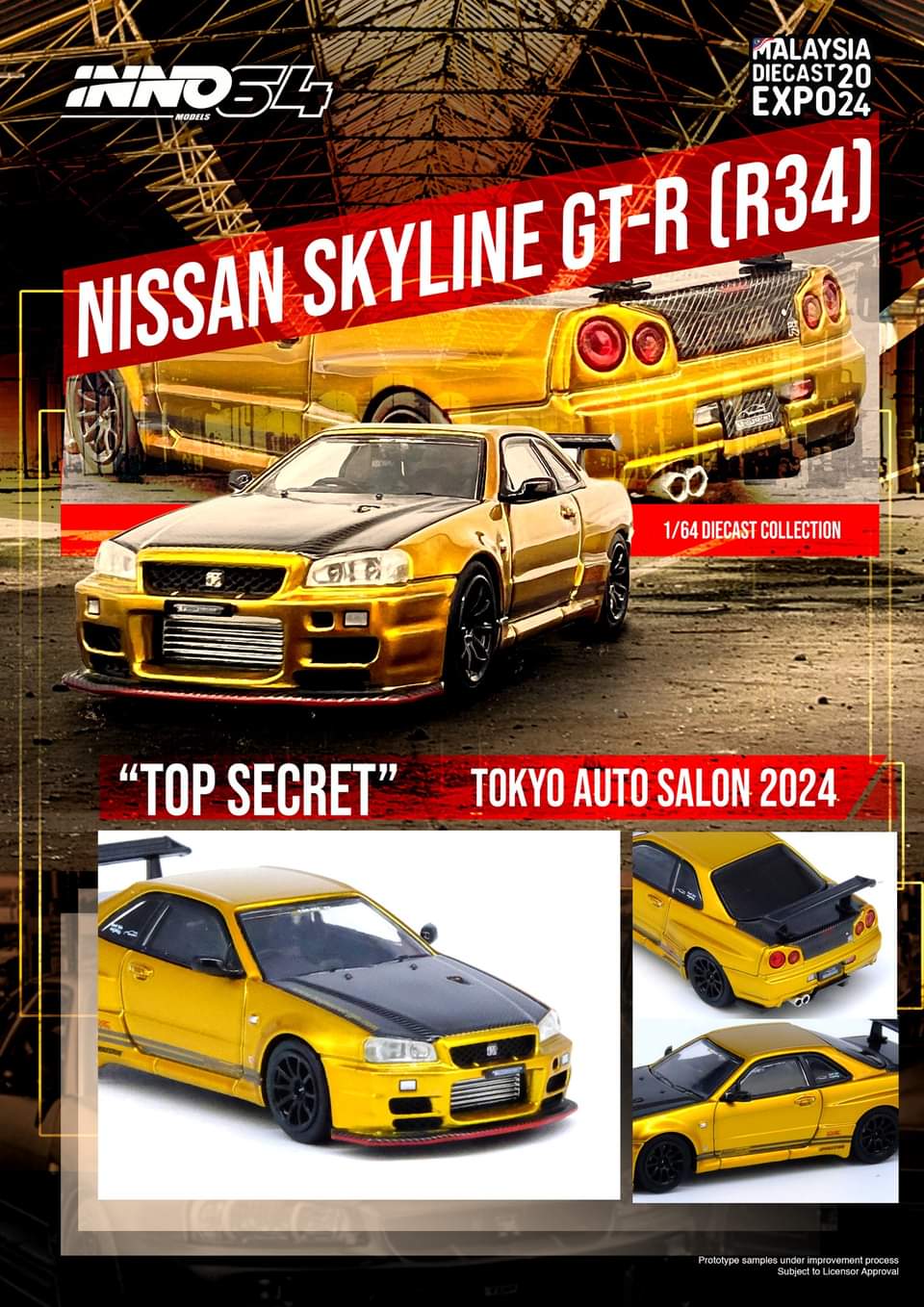 Inno64 Top Secret Nissan Skyline GT-R R34 Gold w/ carbon fibre hood MDX 2024 Exclusive