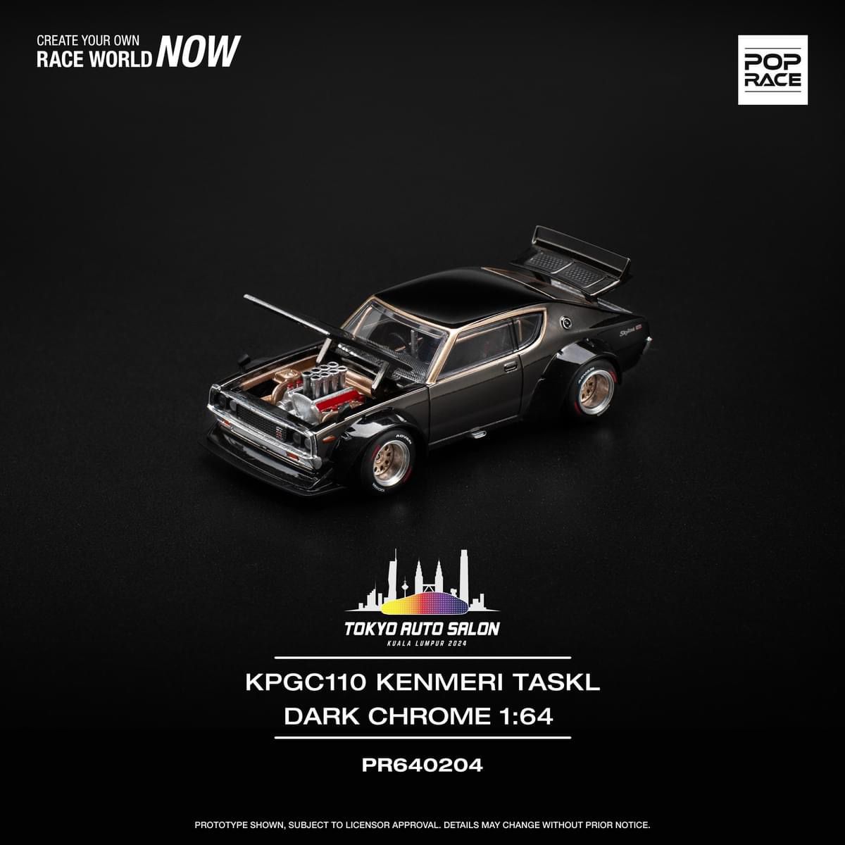 Pop Race 1/64 Tokyo Auto Salon 2024 Malaysia Exclusive SKYLINE GT-R V8 DRIFT (KENMERI) Dark Chrome