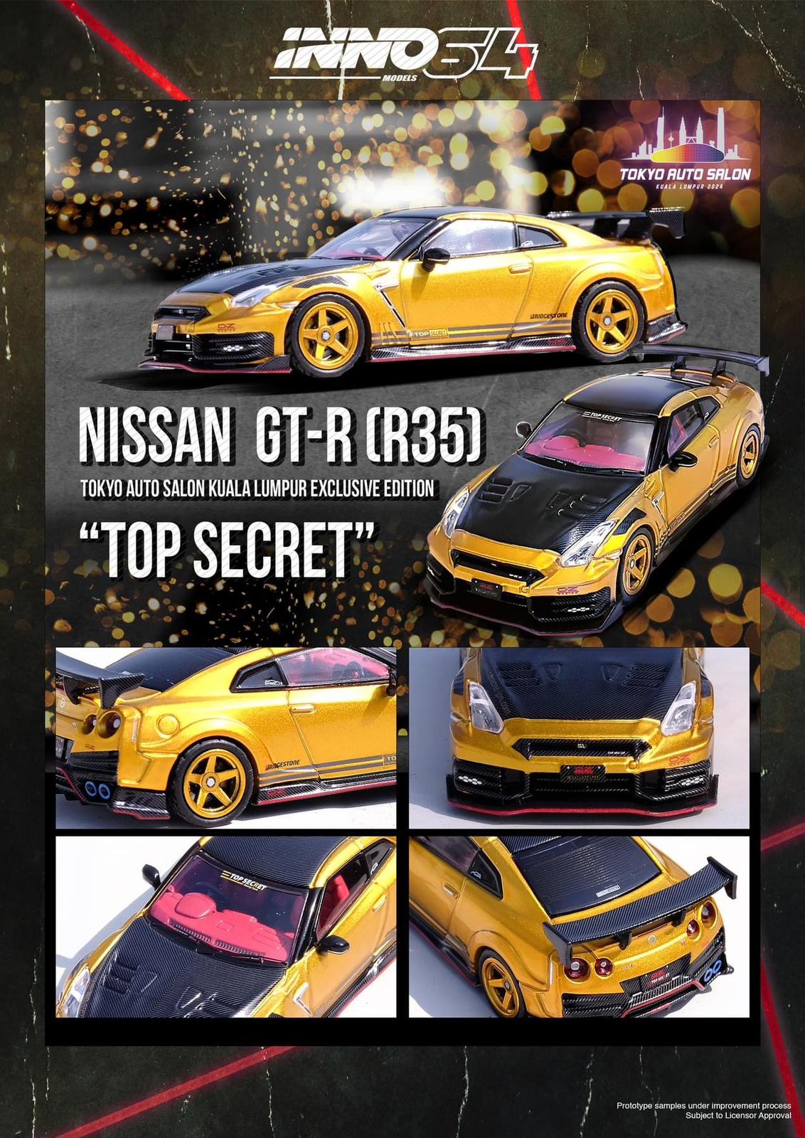 Inno64 x Tokyo Auto Salon Malaysia 2024 Exclusive Top Secret Nissan GT-R R35 Gold Chrome w/ carbon fibre hood