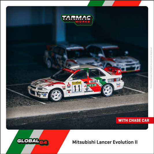 Tarmac Works 1:64 Scale Mitsubishi Lancer Evolution II Rallye Monte-Carlo 1995 T. Mäkinen / S. Harjanne