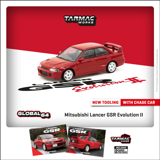 Tarmac Works Scale 1:64 Mitsubishi Lancer GSR Evolution II Red Model Car + Trading Cards Combo Set
