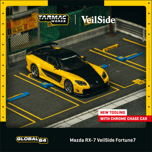 Tarmac Works 1:64 Scale Mazda RX-7 VeilSide Fortune7 Yellow / Black