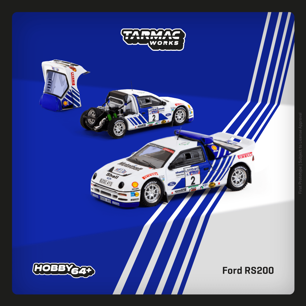 Tarmac Works 1:64 Scale Ford RS200 Lombard RAC Rally 1986 Stig Blomqvist / Bruno Berglund