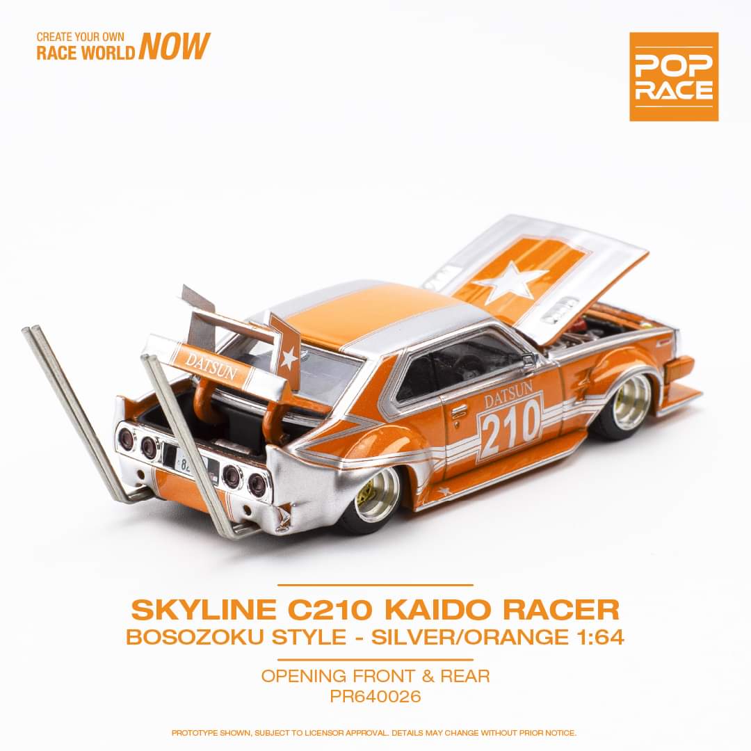 Pop Race 1/64 Nissan Skyline (C210) Kaido Racer Bosozuko Style Silver/Orange