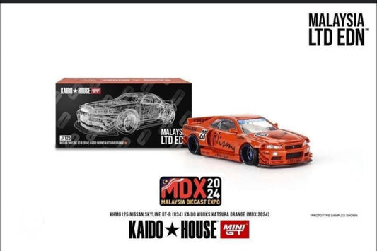 Mini GT x Kaido House MDX 2024 #125 Nissan Skyline GT-R (R34) Kaido Works Katsura Orange LTD EDN