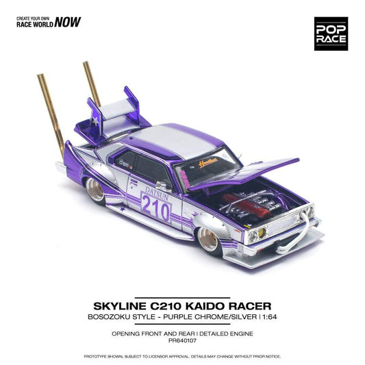 Pop Race 1/64 Nissan Skyline (C210) Kaido Racer Bosozuko Style Purple Chrome/ Silver