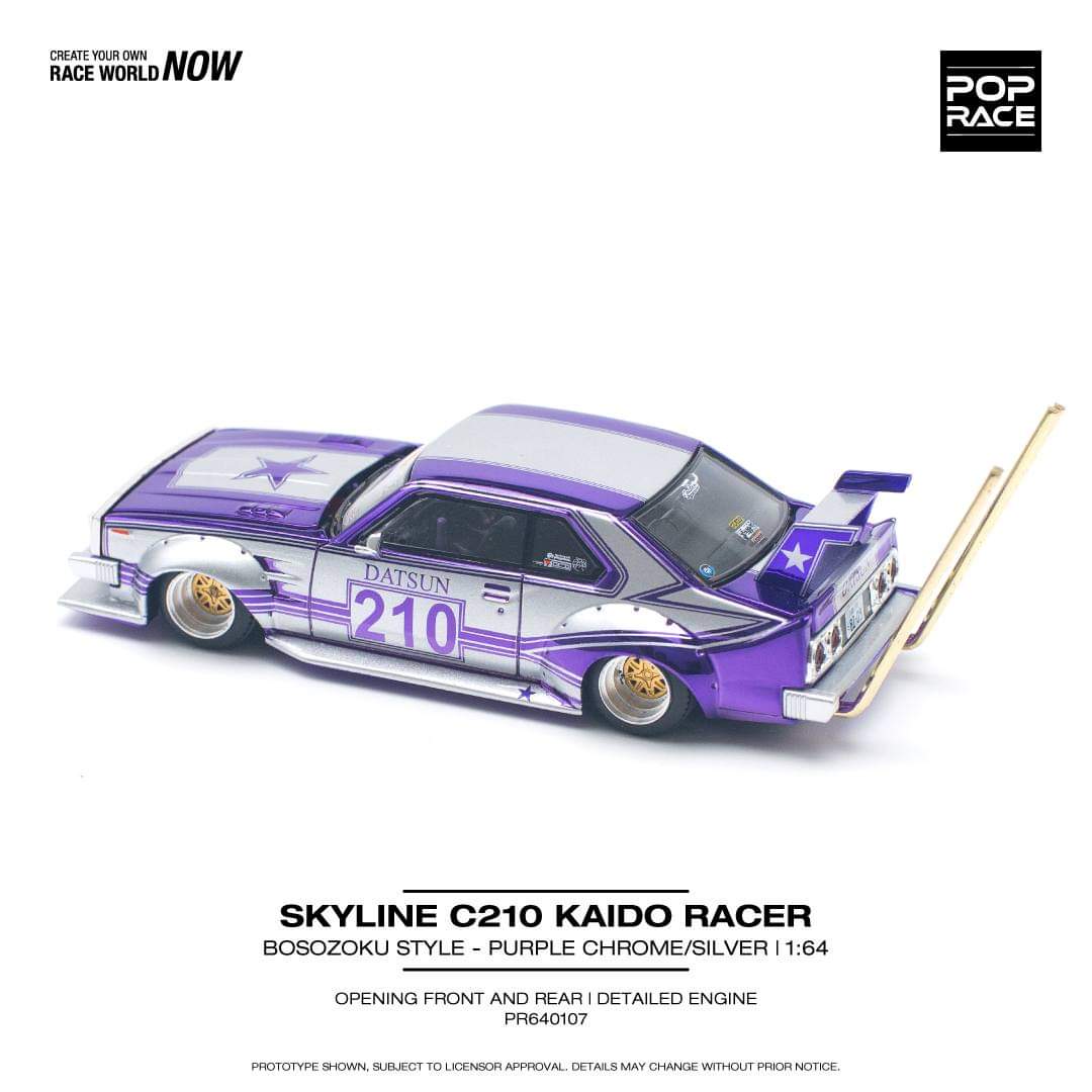 Pop Race 1/64 Nissan Skyline (C210) Kaido Racer Bosozuko Style Purple Chrome/ Silver