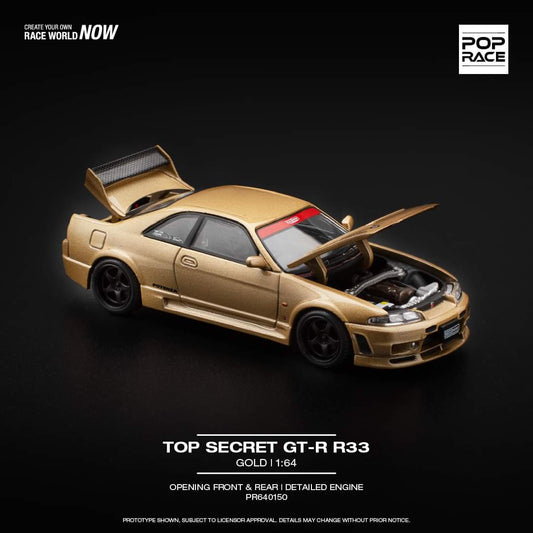 Pop Race 1:64 scale Nissan GT-R R33 TOP SECRET - GOLD Opening Front & Rear