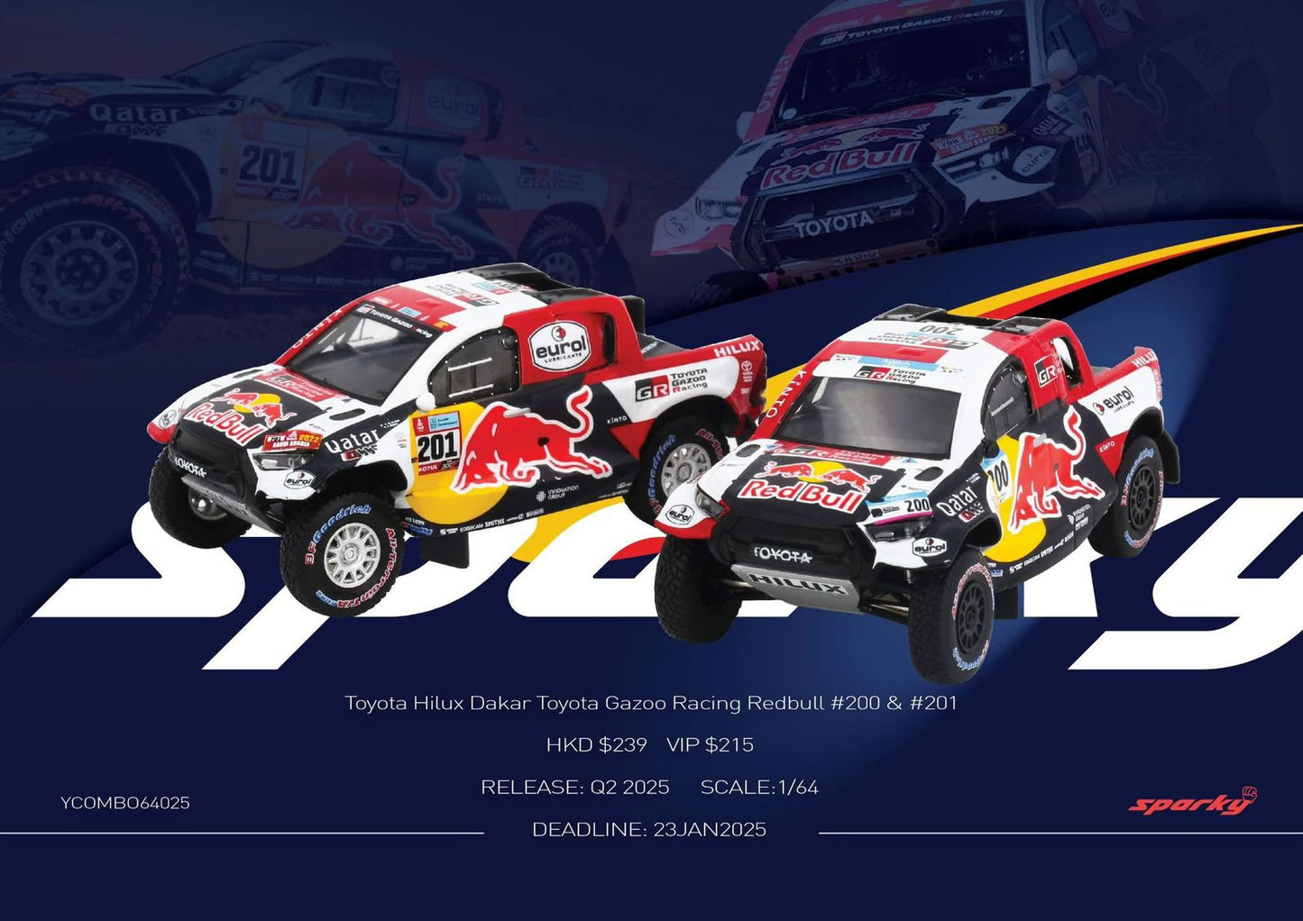 Sparky x Tiny 1/64 Toyota Hilux Dakar Toyota Gazoo Racing Redbull #200 & #201 Combo Set (Tiny Exclusive)