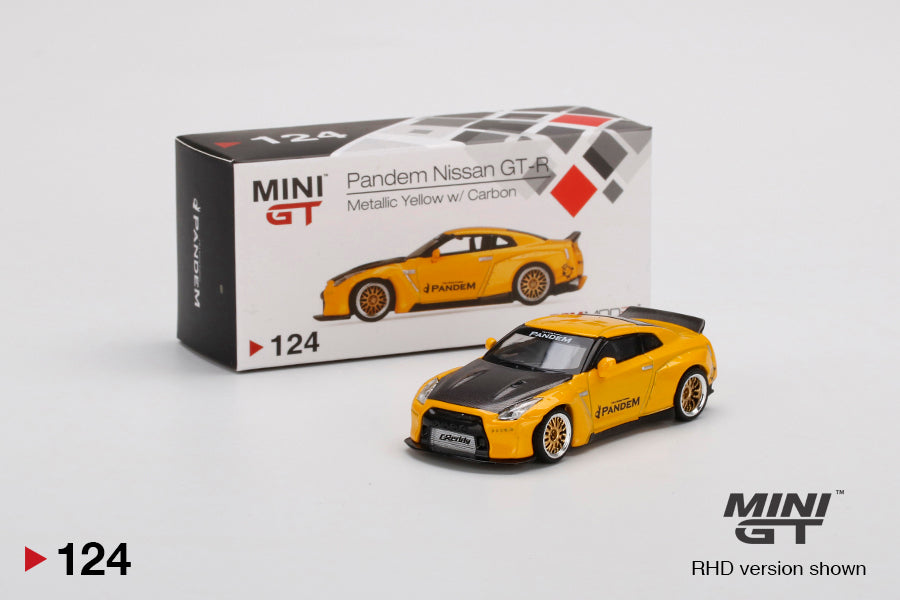 Mini GT #124 Pandem Nissan GT-R (R35) Duck Tail Metallic Yellow w/ Carbon