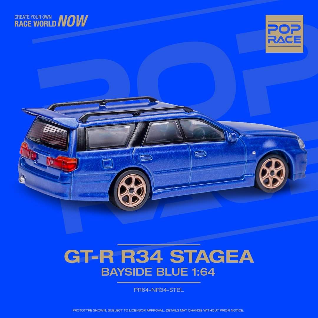 Pop Race Nissan GT-R R34 Stagea Bayside Blue 1:64 scale