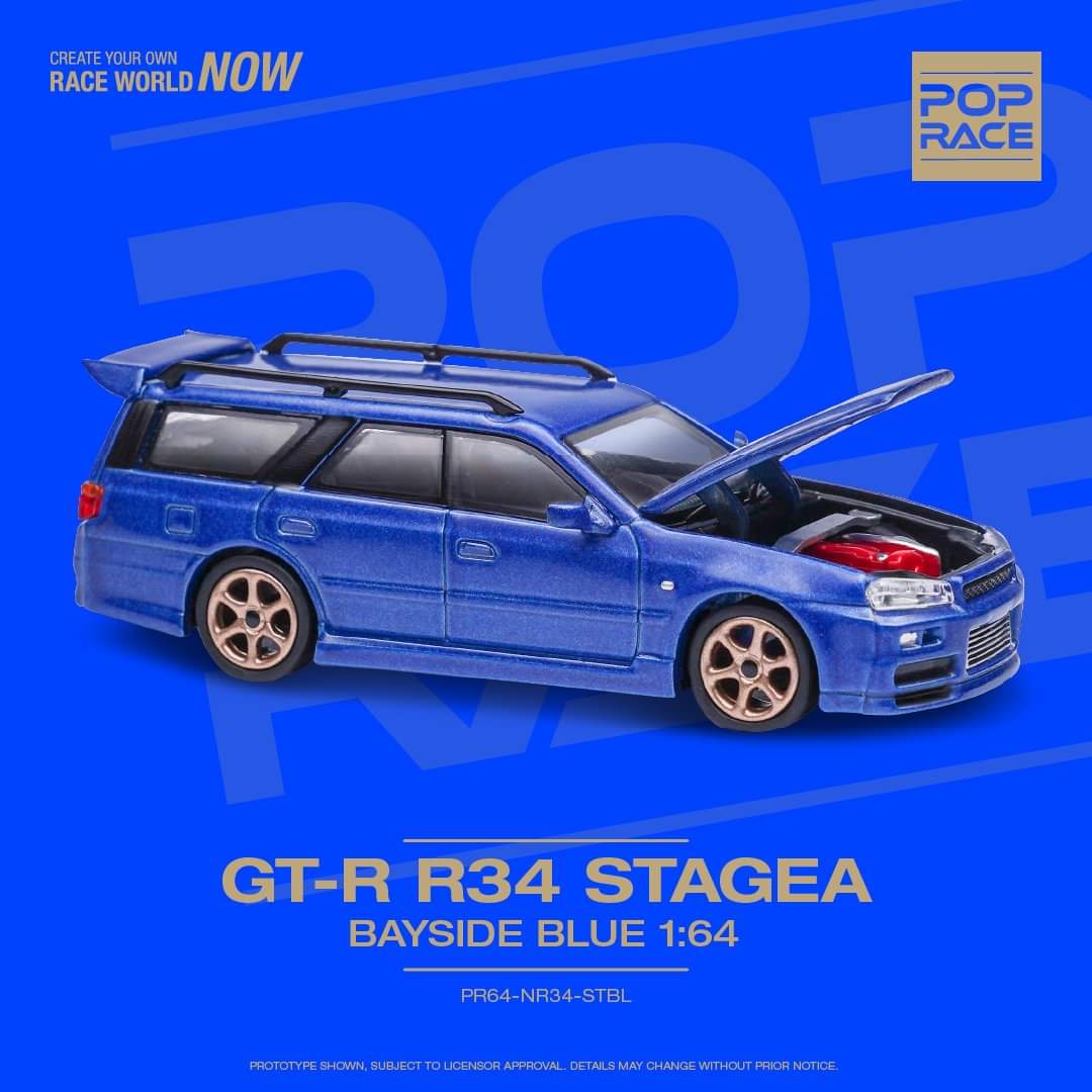 Pop Race 1:64 scale Nissan GT-R R34 Stagea Bayside Blue