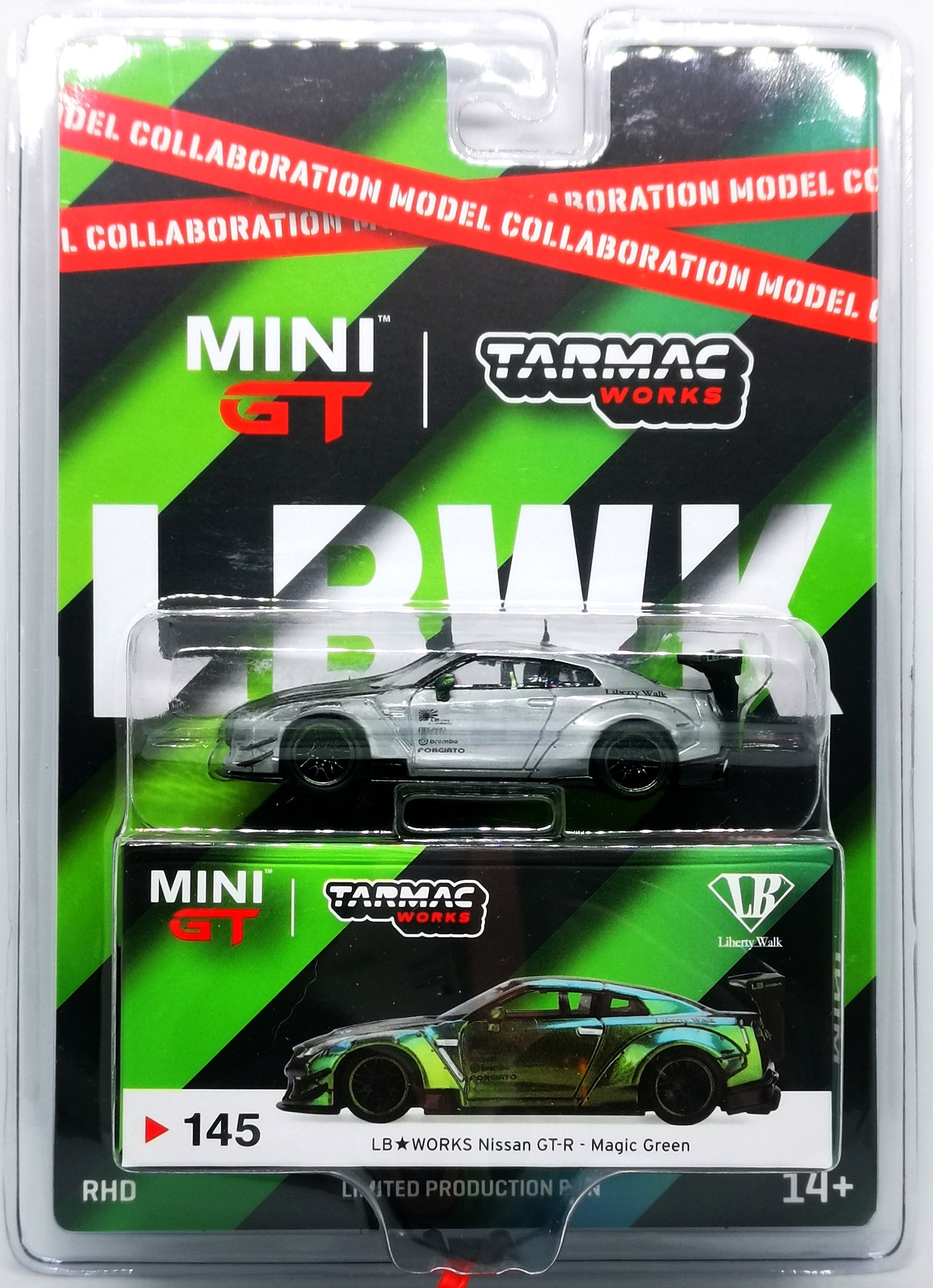 Tarmac Works X MiniGT 1/64 LB★WORKS Nissan GT-R #145 Type 2 Rear Wing Magic  Green