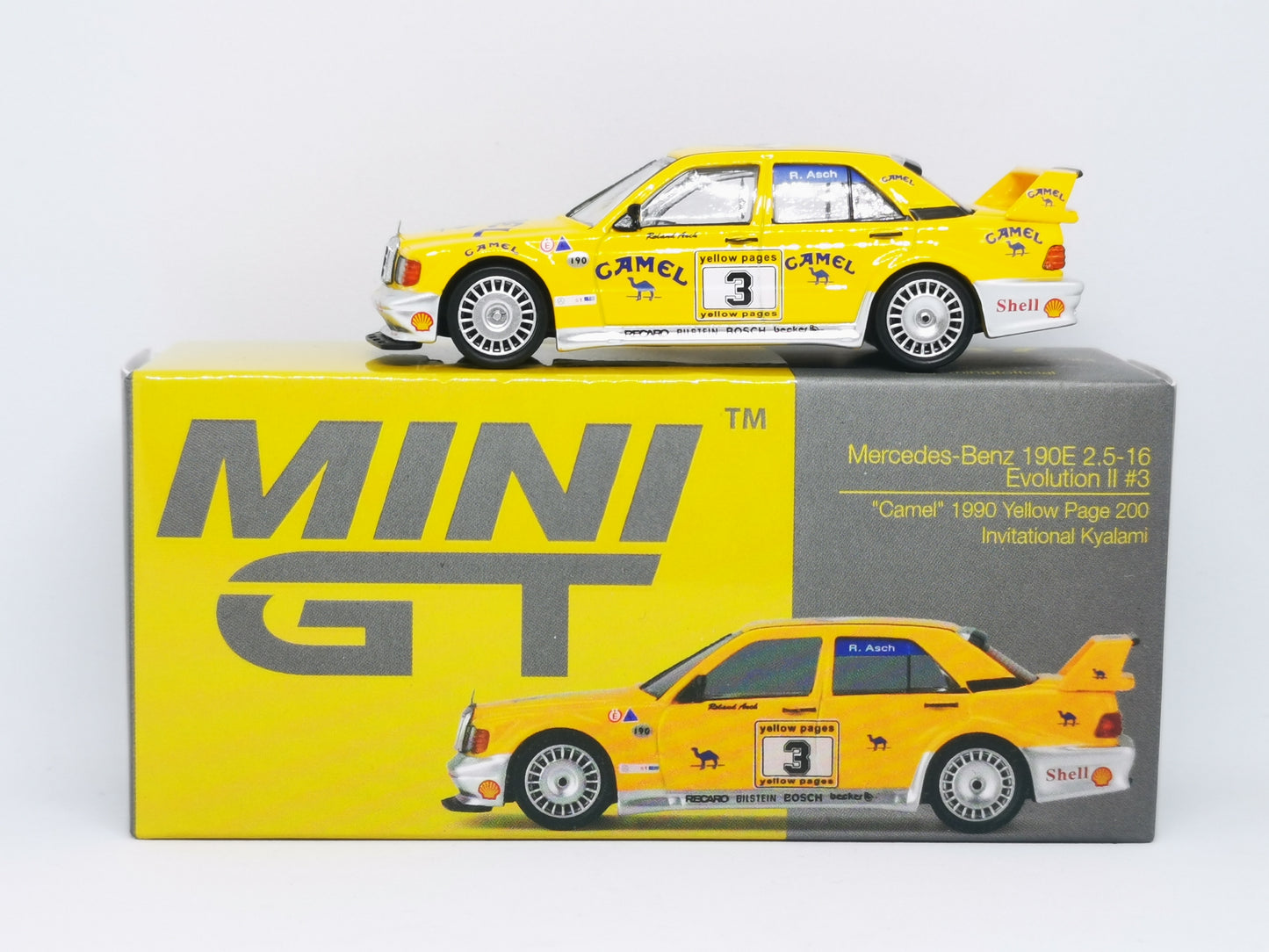 MINI GT 1:64 Mercedes-Benz 190E 2.5-16 Evolution II #3 Camel 1990 Yellow Page 200 Invitational Kyalami LHD ( With Extra Label)