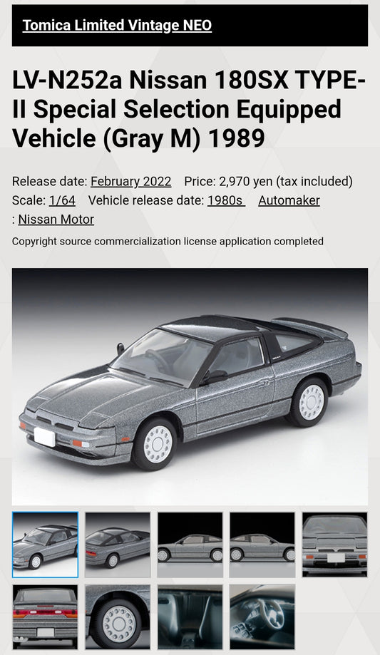 Tomica Limited Vintage Neo LV-N252a Nissan 180SX TYPE-II Special Selection Equipped Vehicle (Gray M) 1989