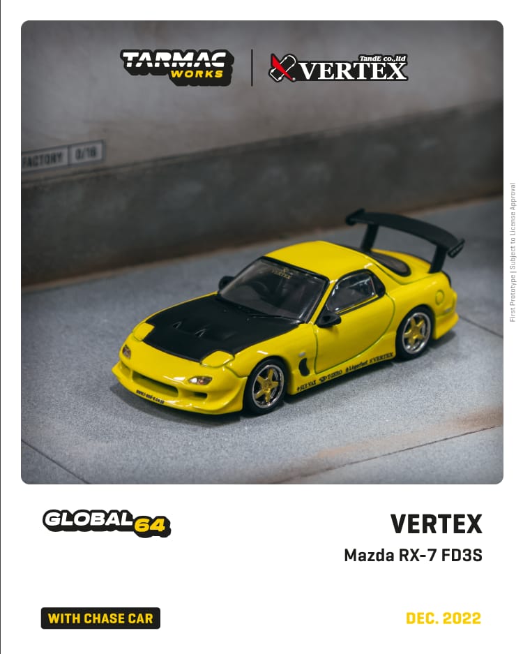 Tarmac Works 1:64 Scale VERTEX Mazda RX-7 FD3S Yellow Metallic Tarmacworks