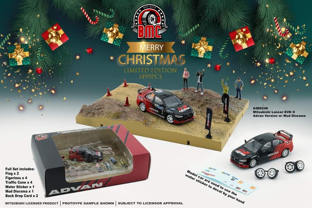 BMC 1:64 Scale Christmas Exclusive Mitsubishi Lancer Evolution X Advan Version with Mud Diorama